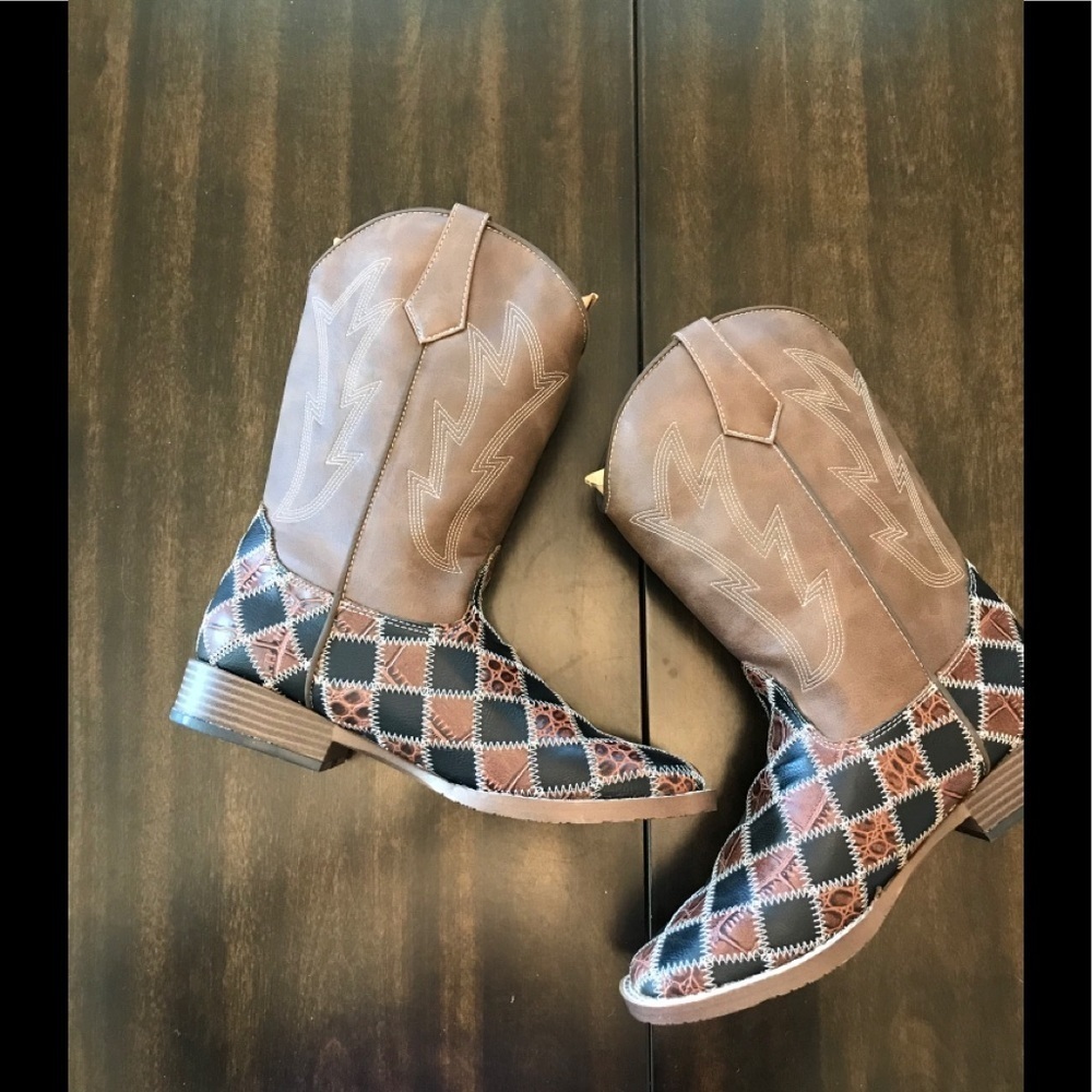 NEW Double Barrel Patchwork Boots with Square Toe